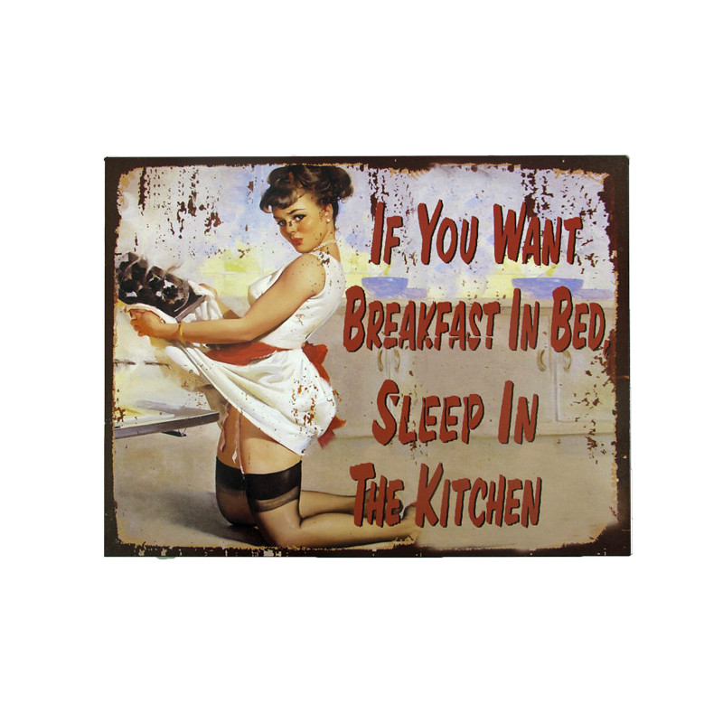 Blechschild Breakfast in Bed Pin Up Girl