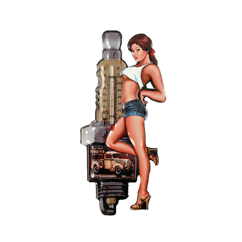 Blechschild mit Thermometer Zündkerze Pin Up Girl