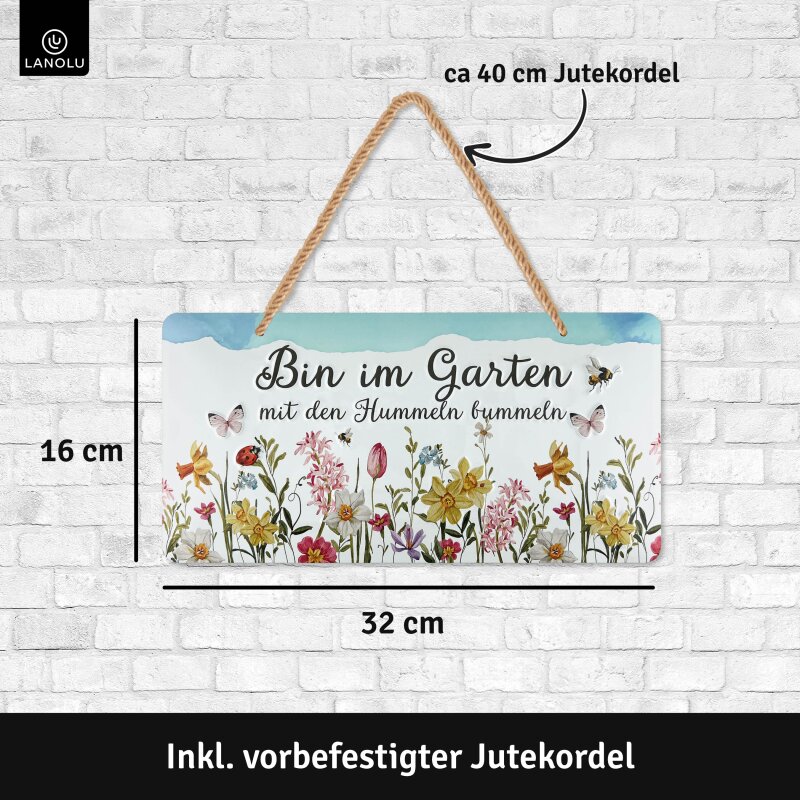 Hängeschild „Bin im Garten mit den Hummeln bummeln“ Gartendeko Türschild Geschenk 16x32 cm