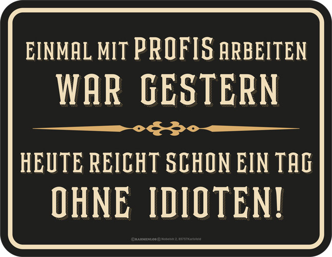 Blechschild Einmal mit Profis arbeiten war gestern - RAHMENLOS® - 17x22 cm