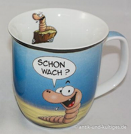 Kaffeebecher „Moin schon wach“ von Hösti mit lustigem Wattwurm‑Cartoon mit Spruch