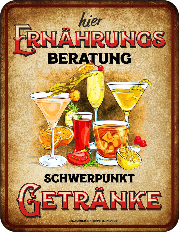 Blechschild Ernährungsberatung Schwerpunkt Getränke - RAHMENLOS® - 17x22 cm
