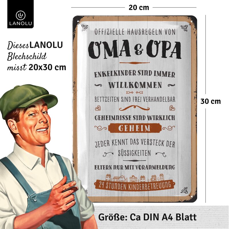 Blechschild Hausregeln von Oma & Opa – Deko Geschenkidee mit Motivprägung – Lanolu – 20x30 cm
