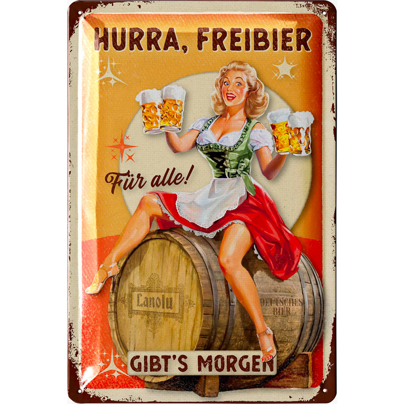 Blechschild Hurra Freibier gibt´s morgen - 20x30 cm
