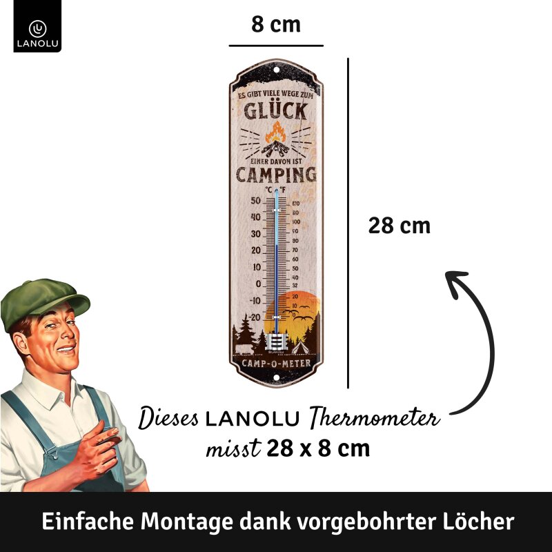 Thermometer „Camping“ – Dekoratives Außenthermometer für Wohnmobil, Wohnwagen, Garten & Campingplatz – 28x8 cm