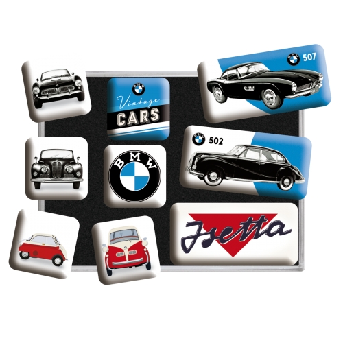 Nostalgic‑Art Kühlschrank‑Magnet‑Set mit BMW Vintage Cars Motiv, ideal für Küche und Büro.