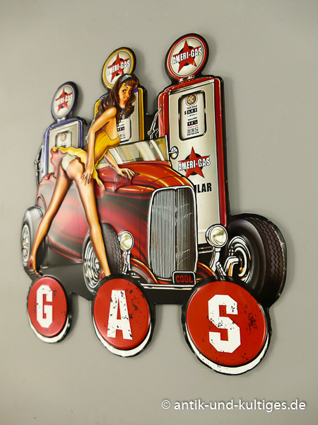 Blechschild Pin Up Girl Gas Hot Rod Tankstelle - 37x38 cm
