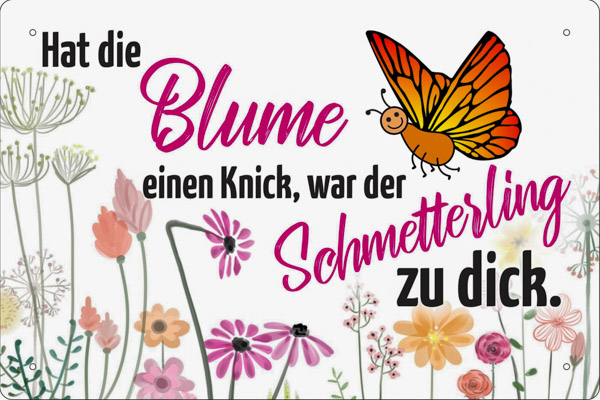Blechschild Hat die Blume einen Knick war der Schmetterling zu dick - 20x30 cm