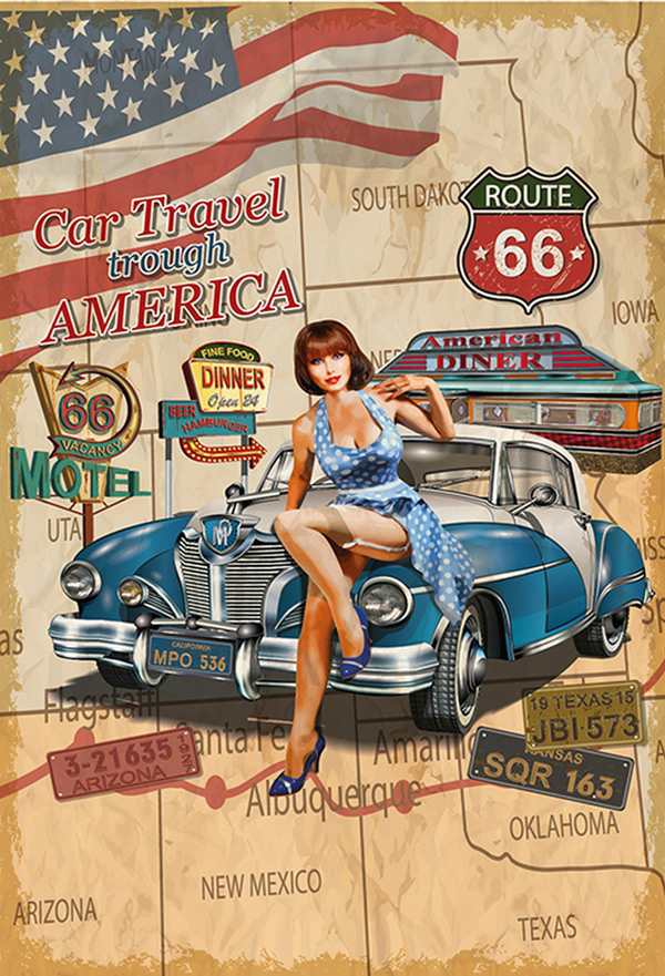Blechschild Route 66 Pin Up Girl – US Highway Car Travel Vintage Retro Deko 20x30 cm