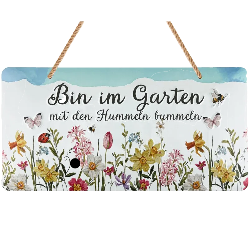 Hängeschild „Bin im Garten mit den Hummeln bummeln“ Gartendeko Türschild Geschenk 16x32 cm
