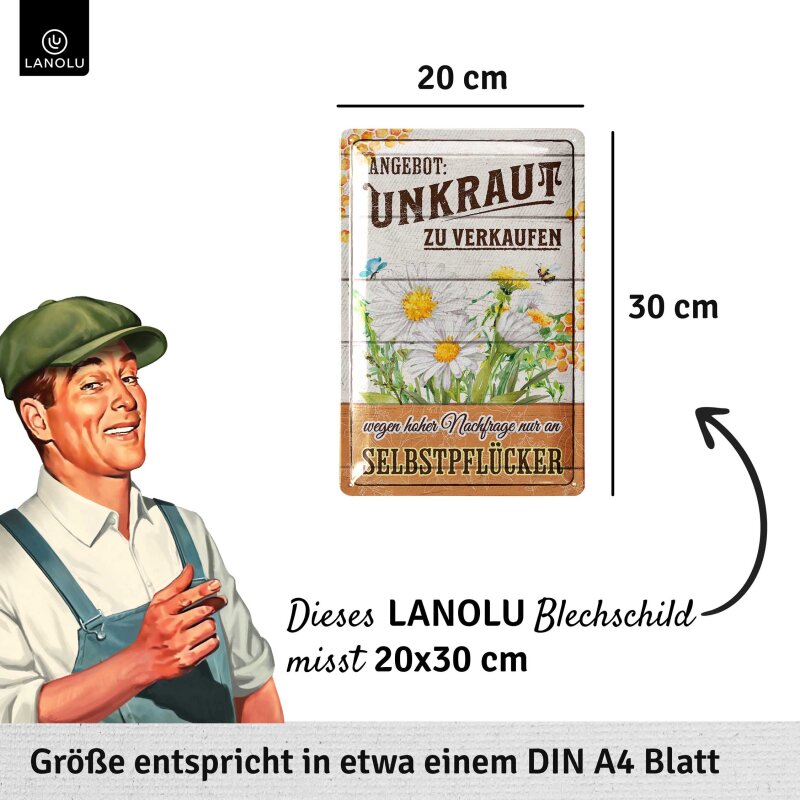 Lustiges Blechschild mit der Aufschrift "Unkraut zu verkaufen" in schwarz auf weißem Grund mit Motiv von Blumen. Mit den Maßen vom Schild