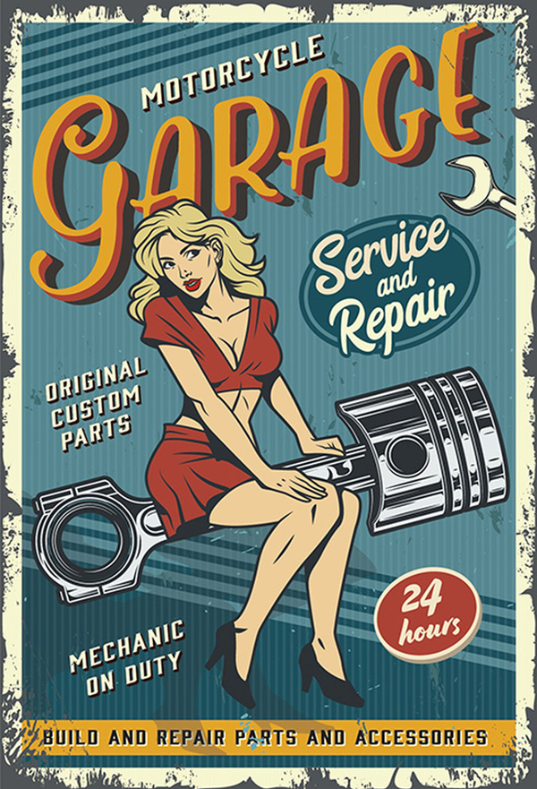 Blechschild Motorcycle Garage Pin Up Girl – Vintage Biker Motorrad Werkstatt Deko im Retro Style 20x30 cm