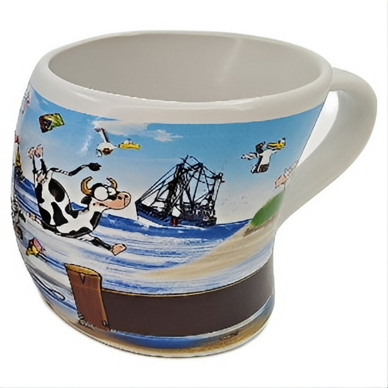Gebogener Becher Wind von Hösti mit maritimem Motiv und humorvoller Illustration