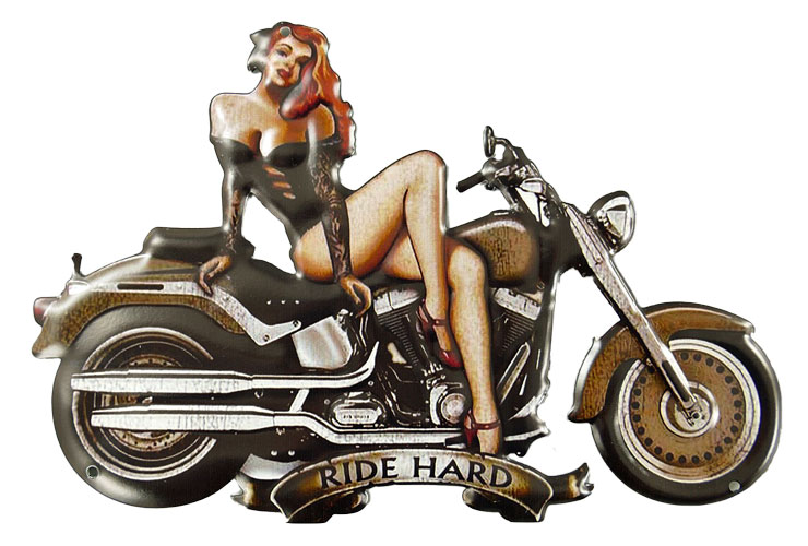 Blechschild Motorrad Ride Hard mit Pin Up Girl - 20x30 cm