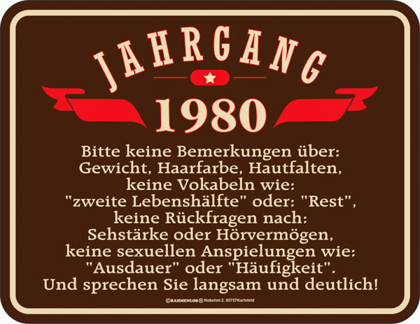 Blechschild Jahrgang 1980 - RAHMENLOS® - 17x22 cm
