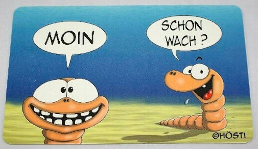 Lustiges Frühstücksbrett mit zwei Wattwürmern am Strand mit dem Spruch "Moin schon wach"