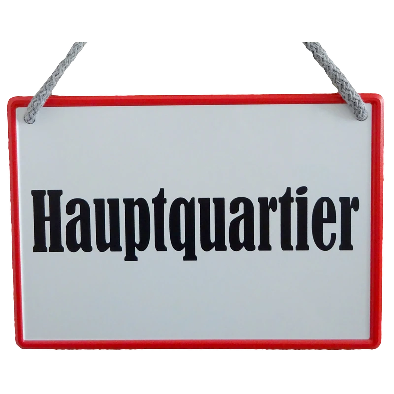 Hängeschild „Hauptquartier“ – Freches Blechschild mit 3D-Randprägung als witzige Tür- & Wanddeko – 16,5x11,5 cm