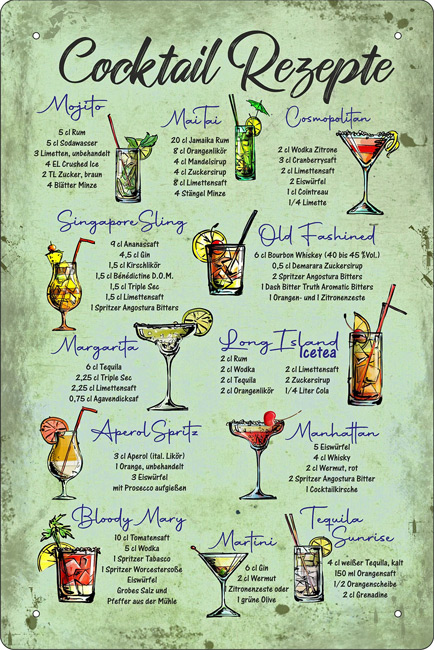 Blechschild Cocktail Rezepte - 20x30 cm