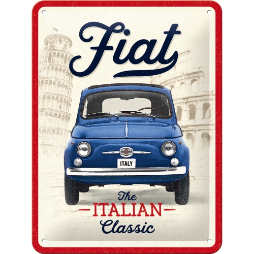 Fiat‑500‑Blech­schild von Nostalgic‑Art mit retro­style Illustration des klassischen Fiat 500 in kräftigen Farben.