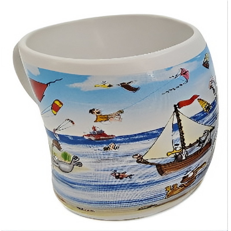 Gebogener Becher Wind von Hösti mit maritimem Motiv und humorvoller Illustration