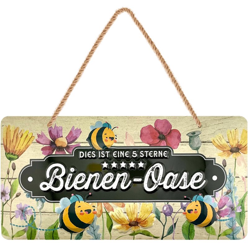 Hängeschildschild 5 Sterne Bienen-Oase – Lustiger Spruch mit 3D Motivprägung - 16x32 cm
