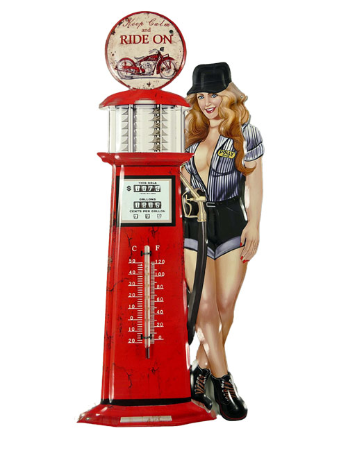 Blechschild mit Thermometer Tankstelle Pin Up Girl Ride On - 48x20 cm
