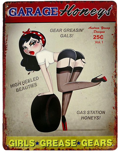 Blechschild Garage Honeys Pin Up Girl Reifen- 25x33 cm