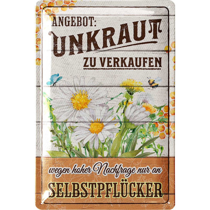 Lustiges Blechschild mit der Aufschrift "Unkraut zu verkaufen" in schwarz auf weißem Grund mit Motiv von Blumen.