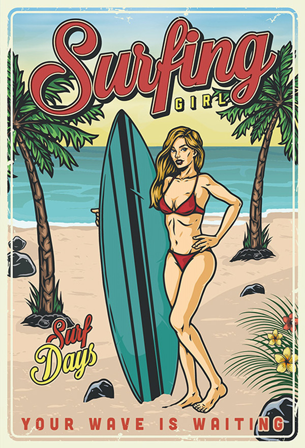 Blechschild Surfing  Pin Up Girl  Surfen - 20x30 cm