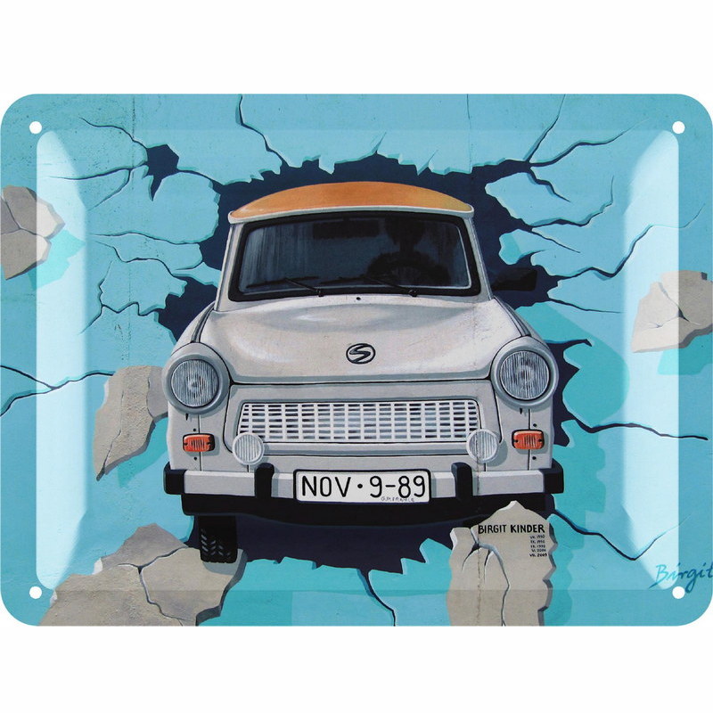 Blechschild „Trabant durch die Wand“ – Lustiges DDR-Auto-Schild für Trabant-Fans & Autoliebhaber, 15x20 cm