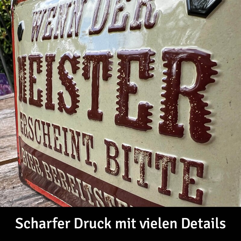 Blechschild „Wenn der Meister erscheint“ – Lustiges Wandbild für Handwerker & Werkstatt – 15x20 cm