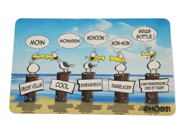 Hösti Frühstücksbrett mit Kuh und Spruch ‚Moinsen‘, humorvolles Cartoon‑Motiv