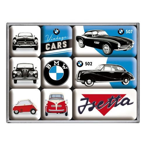 Nostalgic‑Art Magnet‑Set für den Kühlschrank mit BMW Vintage Cars Motiv, farbenfroh und detailreich.