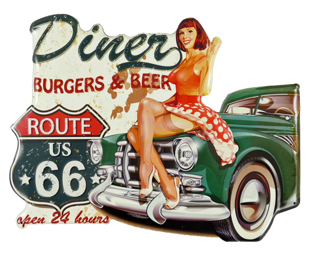 Blechschild Route 66 Diner mit Pin-up-Girl – US-Retro-Wanddeko für echte Rockabilly-Fans - 49 x 38 cm
