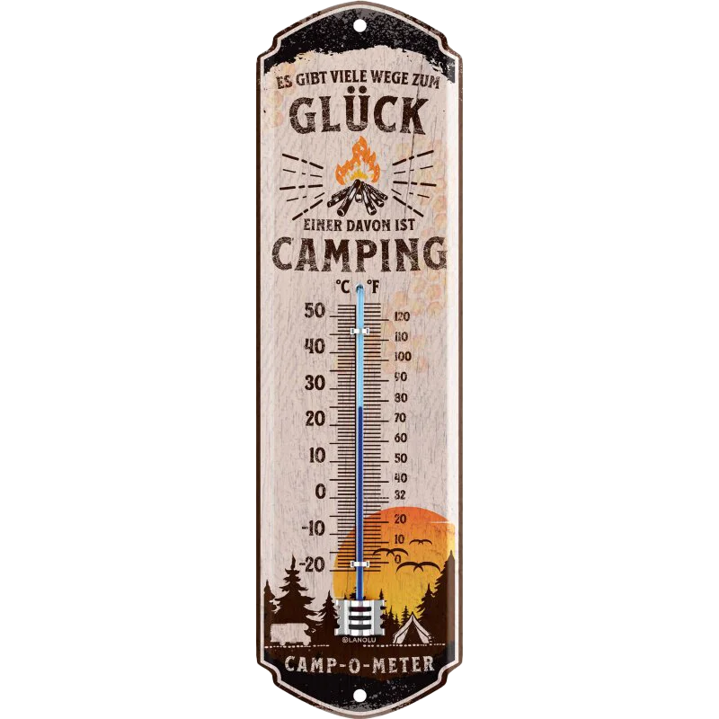 Thermometer „Camping“ – Dekoratives Außenthermometer für Wohnmobil, Wohnwagen, Garten & Campingplatz – 28x8 cm