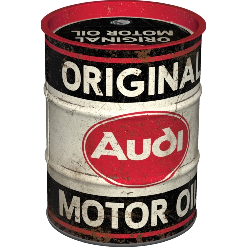 Audi Spardose von Nostalgic‑Art in Form eines kleinen Ölfasses mit klassischem Audi Logo.
