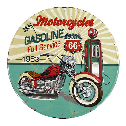 Blechschild Route 66 Motorcycle Gasoline - Ø 30 cm