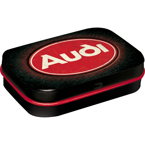 Kleine Nostalgic‑Art Dose als Pillendose mit Audi Logo Motiv, kompakt und stabil. 6 x 4 x 2 cm