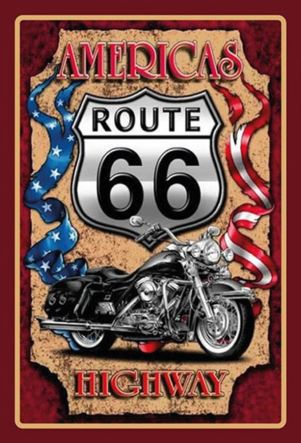 Blechschild Route 66 Americas Highway Motorrad - 20x30 cm