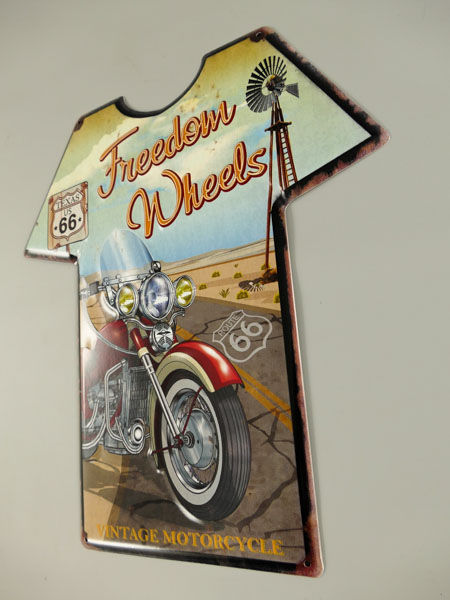 Blechschild Route 66 T-Shirt Freedom Wheels - 37x41 cm