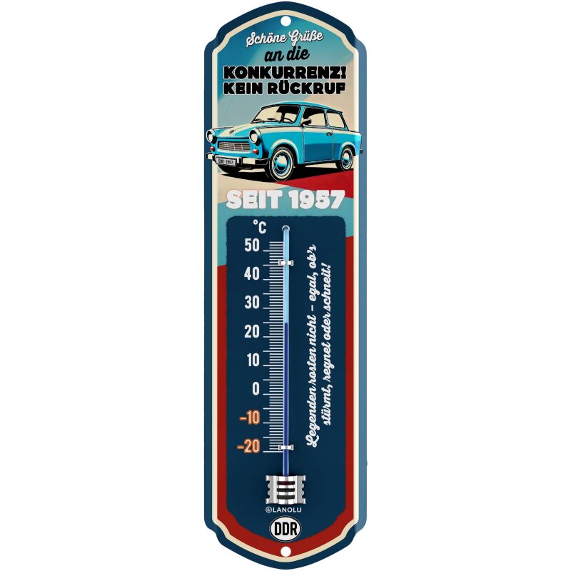 Thermometer Trabant „Schöne Grüße an die Konkurrenz!“ – DDR Ostalgie Auto-Deko & Geschenk - 8x28 cm
