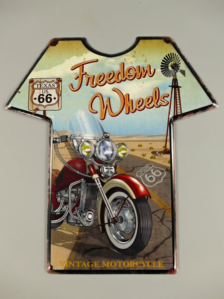 Blechschild Route 66 T-Shirt Freedom Wheels - 37x41 cm