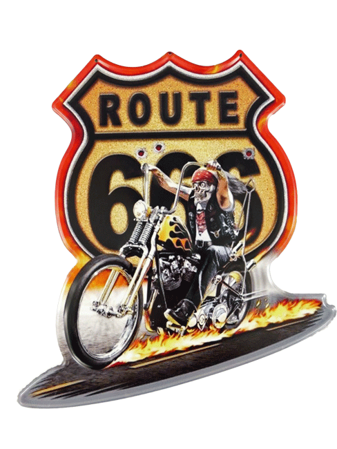 Blechschild Route 66 Flammender Asphalt – Feurige US-Retro-Deko für Biker & Motorradfans, 41 x 44 cm