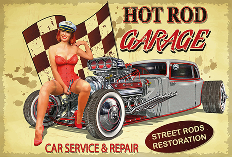 Blechschild Hot Rod Garage Service Pin Up Girl - 20x30 cm