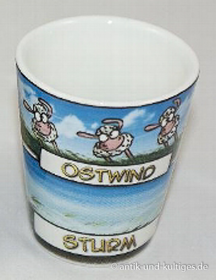 Lustiger Porzellan‑Eierbecher mit Schafen, die unterschiedliche Windstärken darstellen, Hösti‑Design