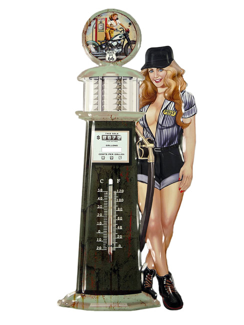 Blechschild mit Thermometer Tankstelle Pin Up Girl Route 66 - 48x20 cm