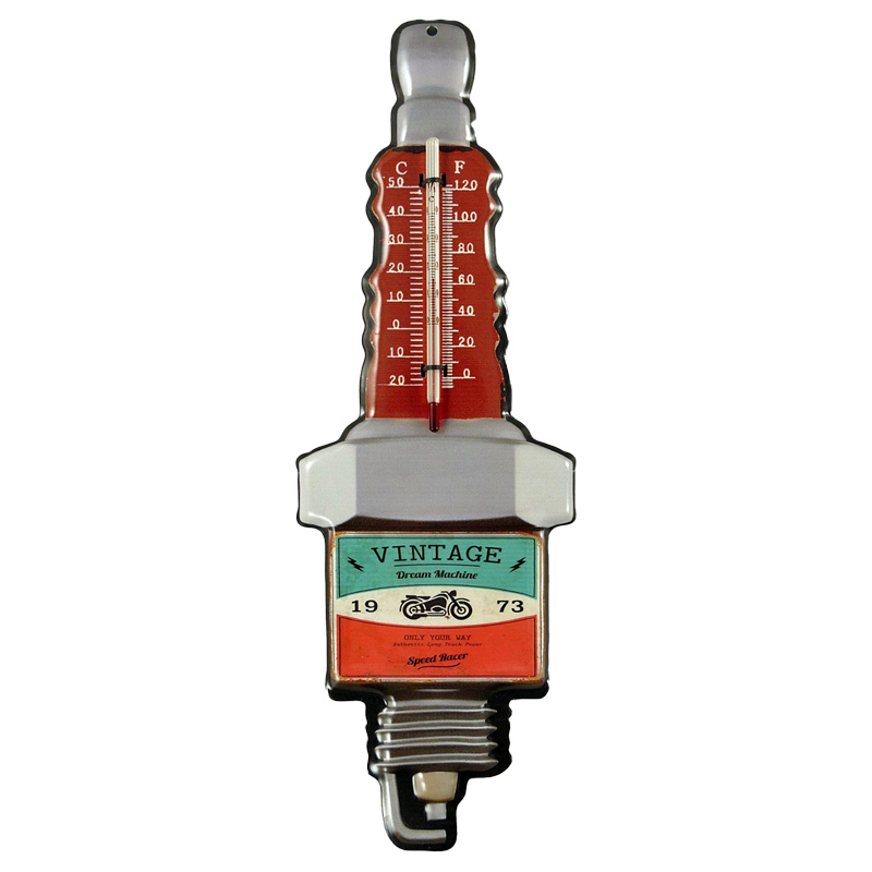 Blechschild mit Thermometer „Zündkerze“ – Vintage Motorrad-Deko für Biker, Garage & Werkstatt - 38x13 cm