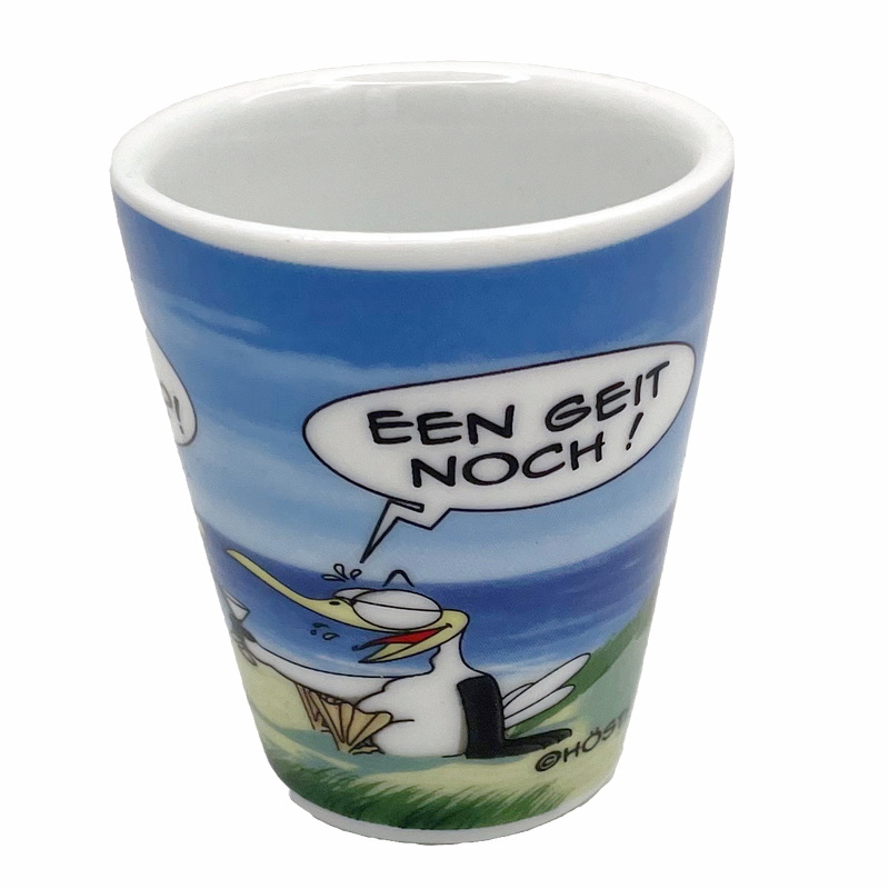 Humorvoller Porzellan‑Eierbecher mit zwei Möwen, Glas und witzigem Spruch im Hösti‑Stil