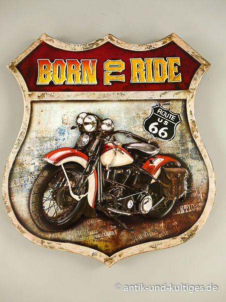Blechschild Route 66 „Born to Ride“ – Coole Biker-Deko im USA-Look für Garage, Werkstatt - Motorrad | 42x45 cm