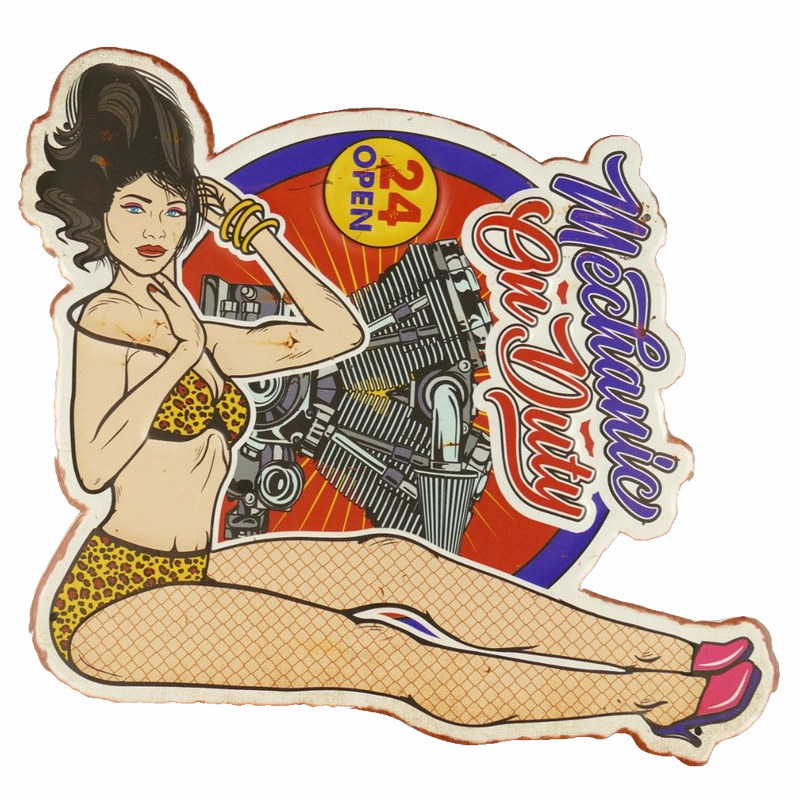 Blechschild Mechanic on Duty, Pin Up Girl - 35x37 cm